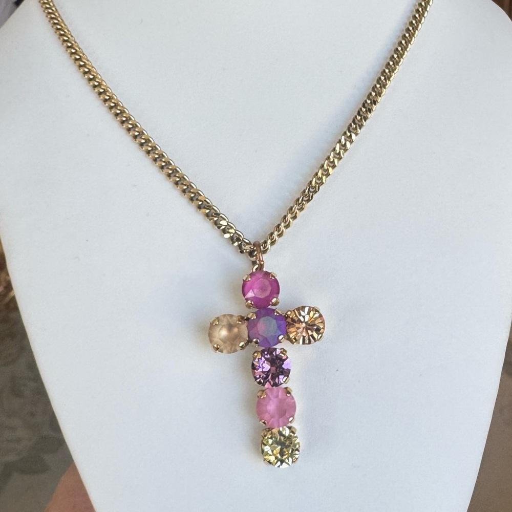 Spring pink cross crystal necklace